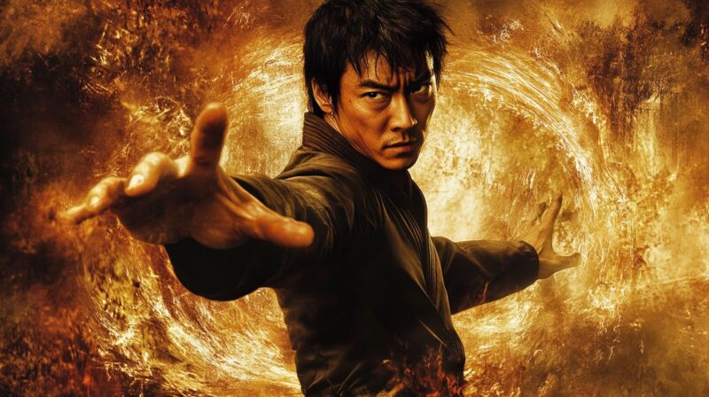 Martial artist in dynamic stance with a fiery background, showcasing intense Kung Fu energy