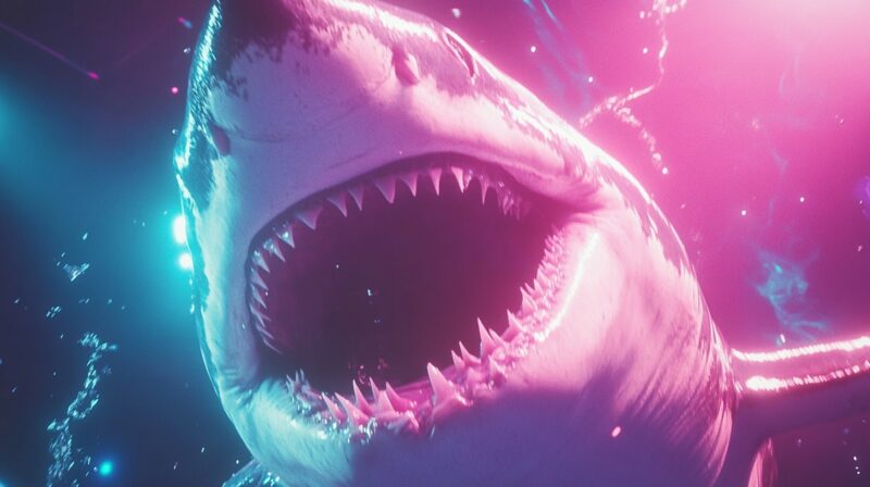 Close-up of a shark with glowing lights in a dramatic underwater scene